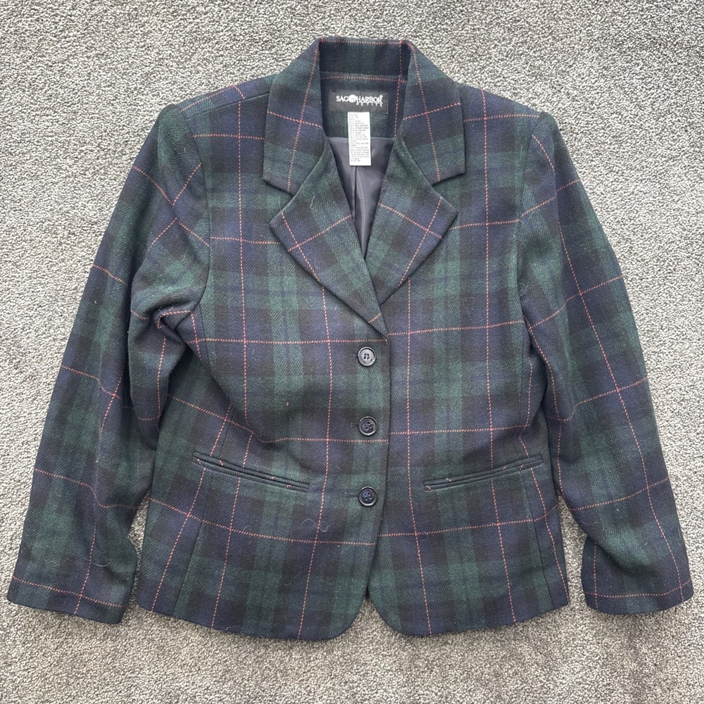 Womens 10P Sag Harbor Wool Blend Blazer Plaid Tartan Green Suit Jacket